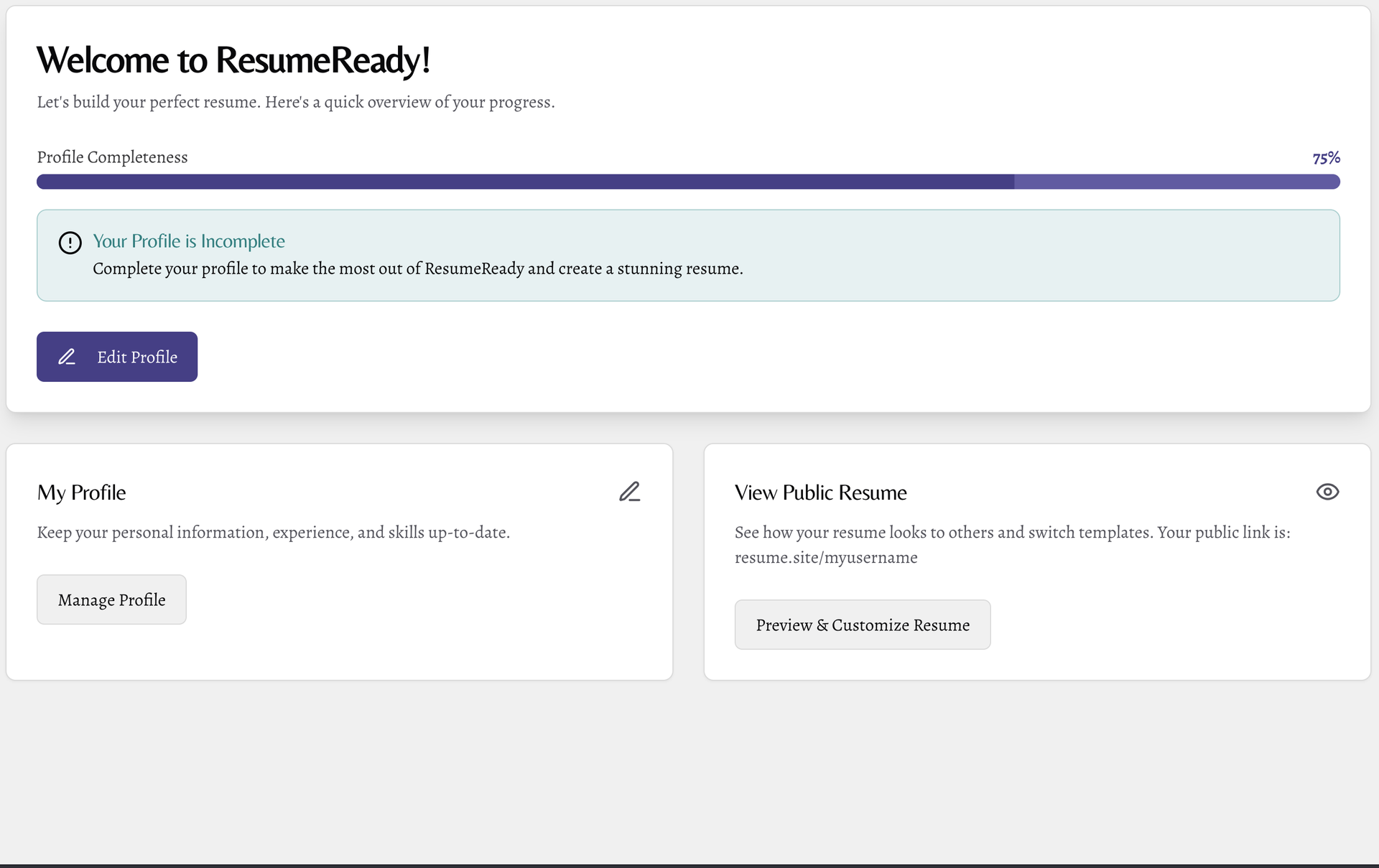 ResumeReady Dashboard View